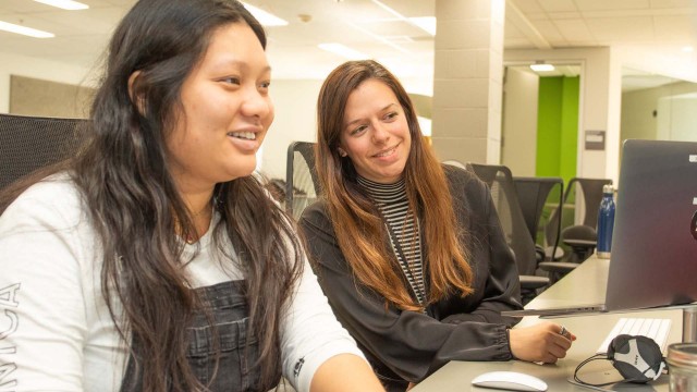 Employées au travail devant écran d'ordinateur