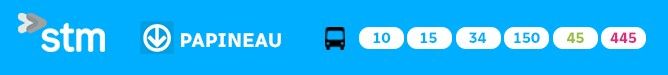 Un rectangle indique la station de métro Papineau et les autobus numéro 10, 15, 34, 150, 45 et 445.